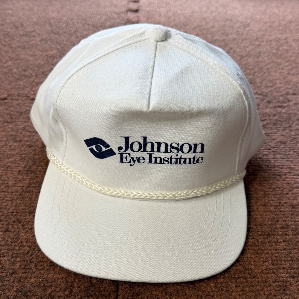 Vintage Yupoong Snapback Hat White Johnson Eye Institute Rope Trucker‎ Cap Mens